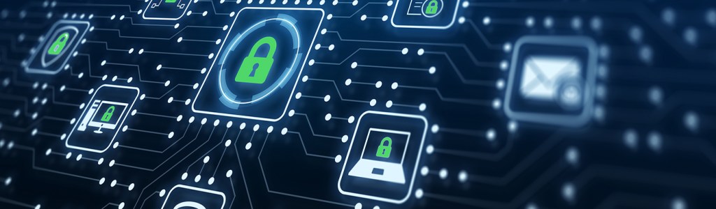 Data Protection and Cyber Security on Internet Server Network with Secure Access to Protect Privacy against Attacks. Illustration with Electronic Circuit Board Connections and Cybersecurity Icons.